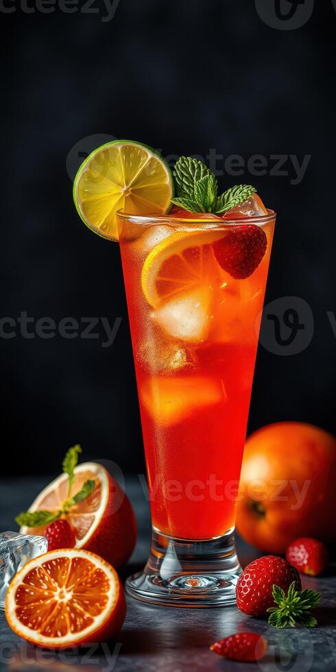 Refreshing citrus cocktail with vibrant colors and fresh ingredients served on a dark background photo