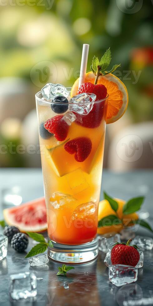 Refreshing summer drink featuring a colorful mix of fruits and ice served in a tall glass with a straw photo
