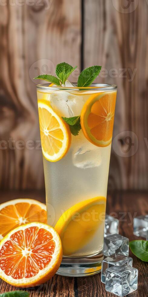 Refreshing citrus drink garnished with mint and ice on a rustic wooden table photo