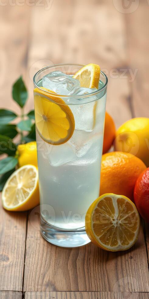 Refreshing citrus drink garnished with lemon slices and surrounded by fresh lemons and oranges on wooden surface photo