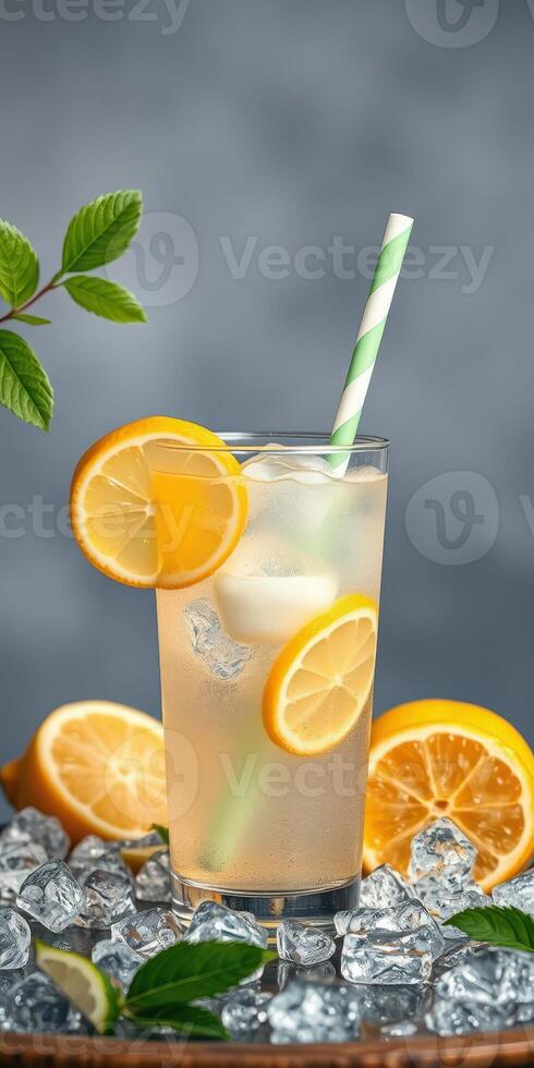 Refreshing lemonade served in a tall glass with ice and lemon slices against a gray background photo