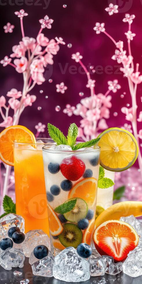 Refreshing summer drinks with fresh fruits and flowers creating a vibrant atmosphere across the table photo