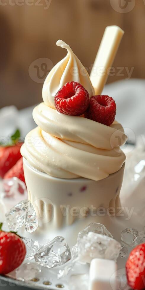 Creamy soft serve topped with fresh raspberries and accented by crushed ice and strawberries photo