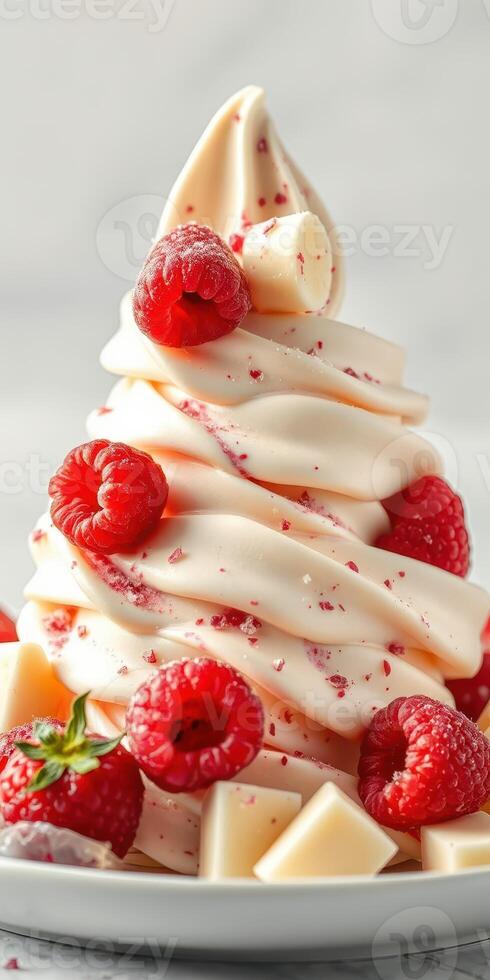 Delicious raspberry swirl soft serve ice cream topped with fresh berries and white chocolate pieces for a delightful dessert experience photo