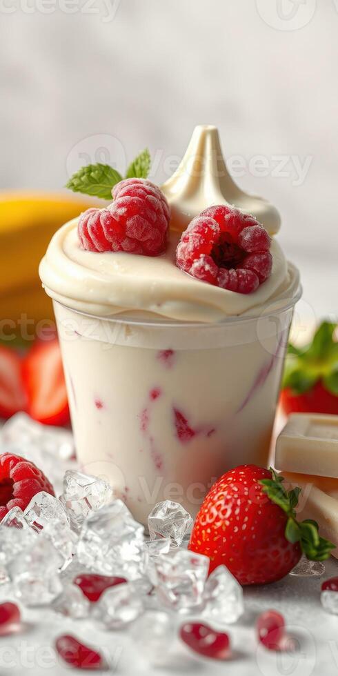 Delicious cream dessert topped with fresh raspberries and strawberries served on a chilled surface photo