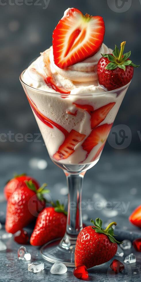Strawberries and cream dessert served in a glass with fresh strawberries and syrup on a dark background photo
