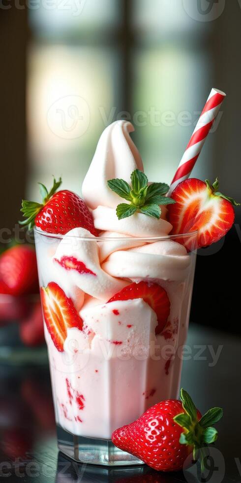 Delicious strawberry sundae topped with soft serve and fresh strawberries served in a clear glass photo