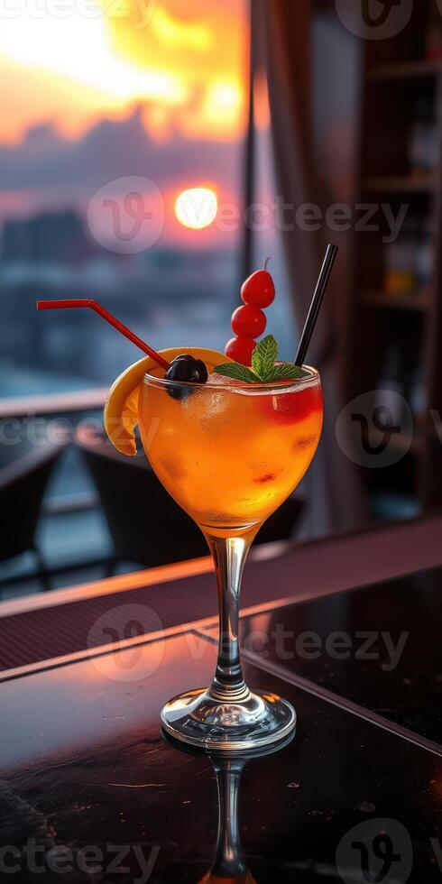 Bright tropical cocktail garnished with fruit placed on a bar during sunset at a rooftop lounge photo