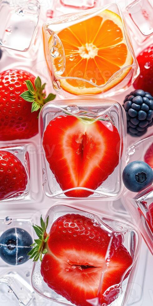 Fresh fruit and ice cubes create a vibrant and refreshing display of summer flavors photo