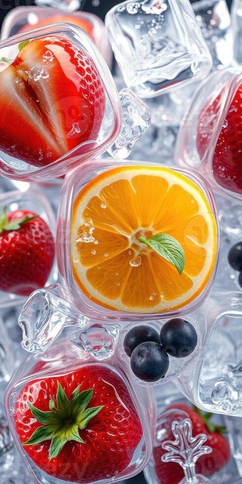 Fresh fruits and ice cubes create a vibrant and refreshing display in a stylized arrangement photo