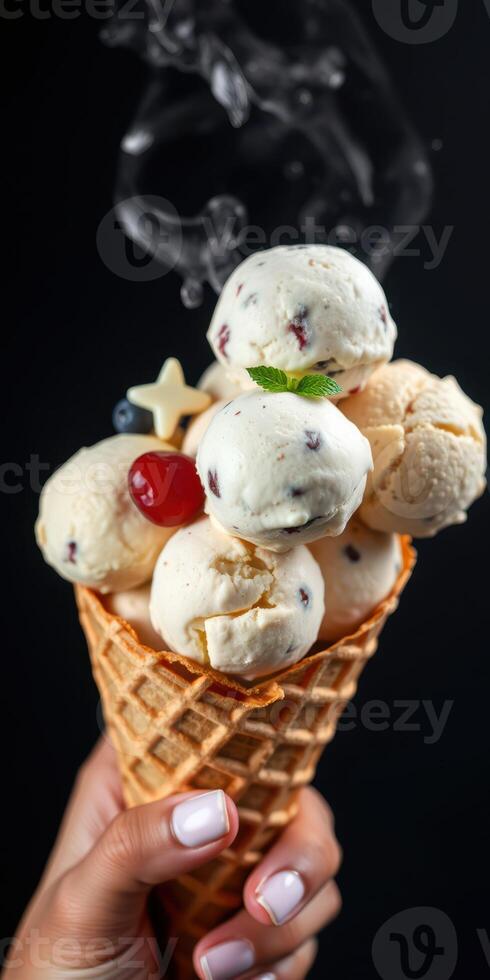 Delicious ice cream cone with multiple scoops and toppings served in a dark setting photo