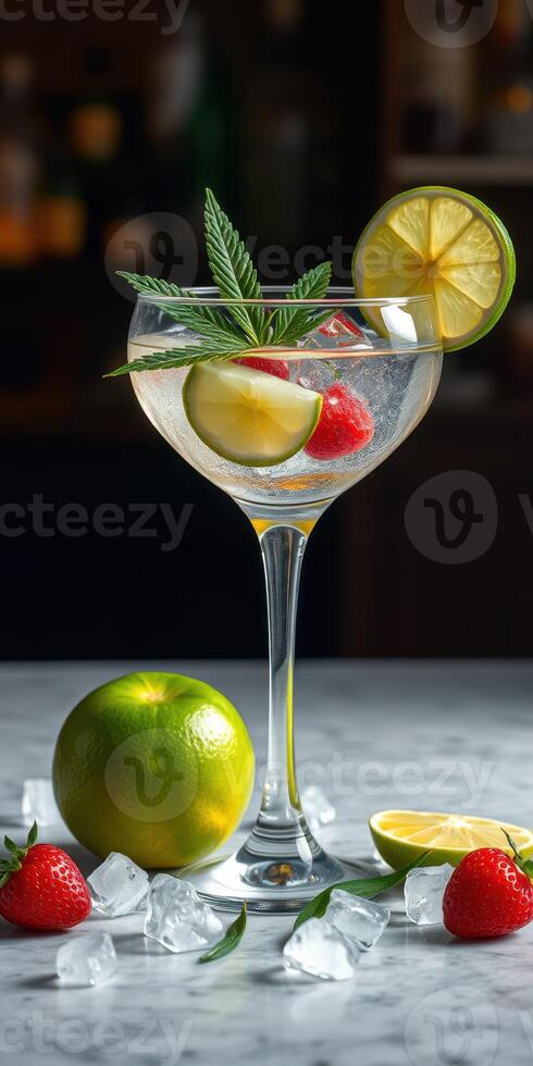 Refreshing cocktail garnished with mint, lime, and strawberries on a bar countertop during the evening photo
