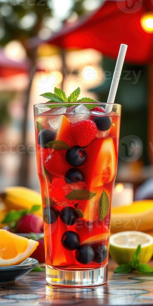 Refreshing fruit cocktail served in a tall glass at a vibrant outdoor setting during a sunny day photo