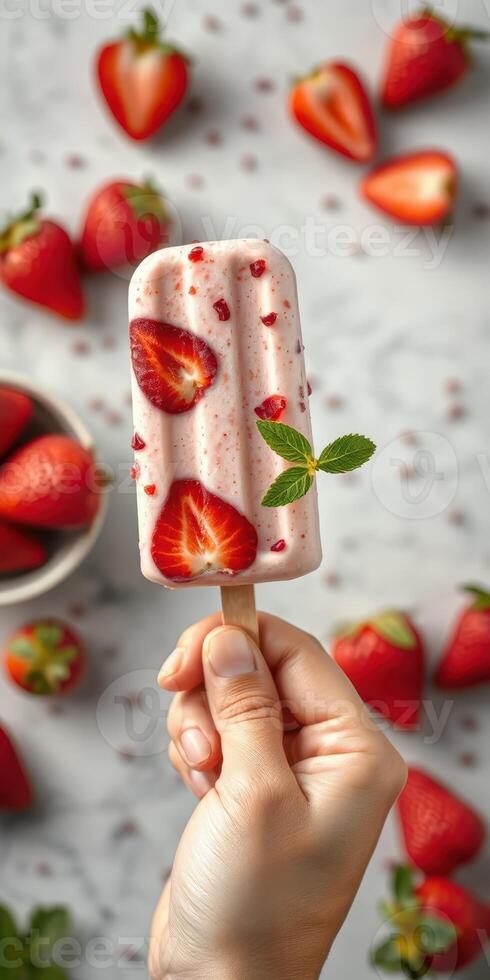 Delicious strawberry ice cream pop held above fresh strawberries on a gray surface showcasing vibrant colors and textures photo