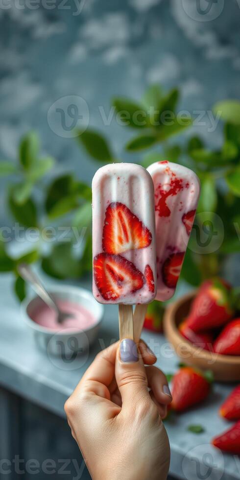 Enjoying homemade strawberry popsicles on a sunny day with fresh strawberries photo
