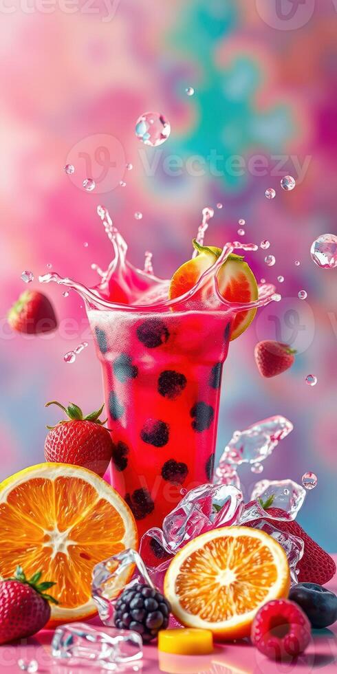 Refreshing fruit beverage with vibrant colors and splashes on a playful background photo