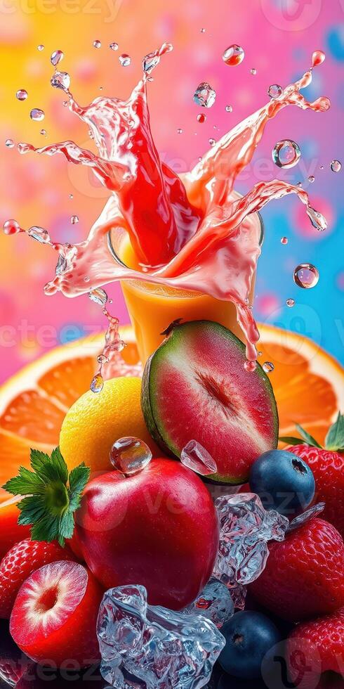 Colorful splash of fruit juice and assorted fresh fruits on colorful background highlighting freshness and vibrancy photo