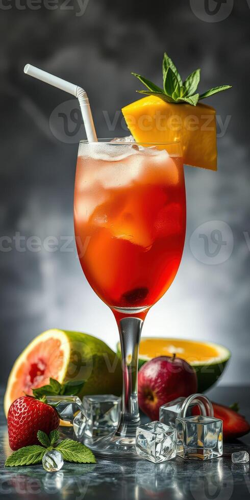 Refreshing tropical cocktail with fresh fruits and ice on a dark background photo