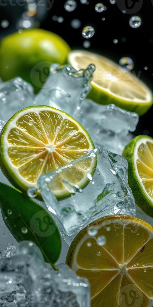 Freshly cut lime slices with ice cubes and droplets against a dark background photo