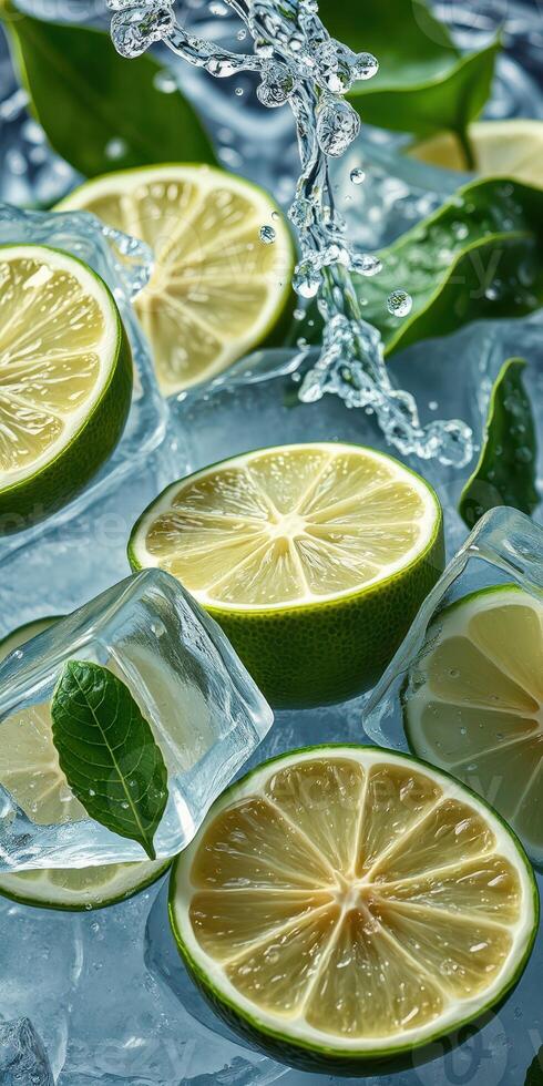 Fresh lime slices with ice and water splashes create a refreshing summer vibe in a close-up setting photo