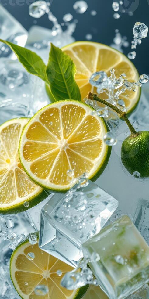 Refreshing lemons and limes on ice create a vibrant drink display in a cool setting photo