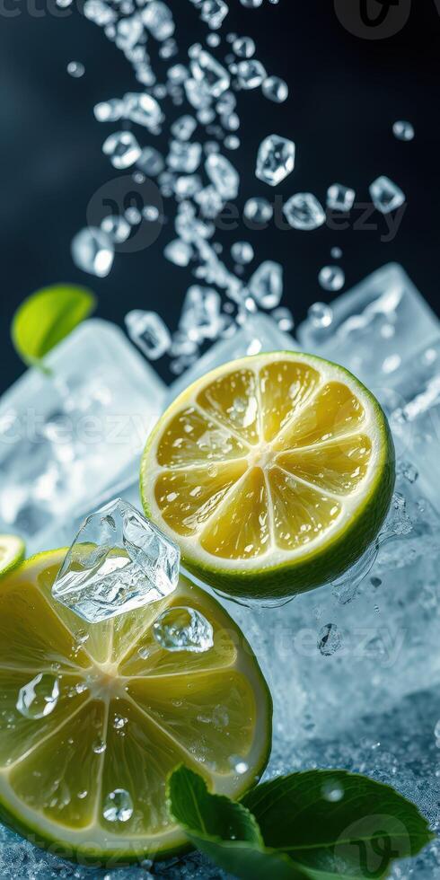 Refreshing lime slices on ice with bubbles creating a lively drink experience photo