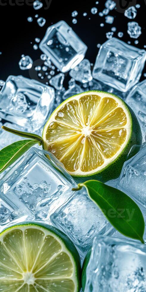 Freshly cut lime surrounded by ice cubes creating a refreshing drink setup in a dark environment photo