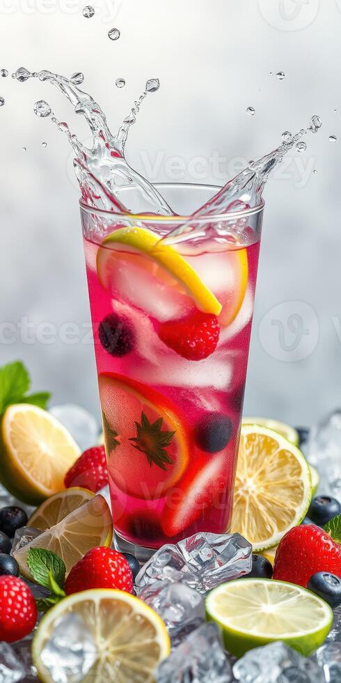Refreshing berry lemonade with splashes and ice on a summer day photo