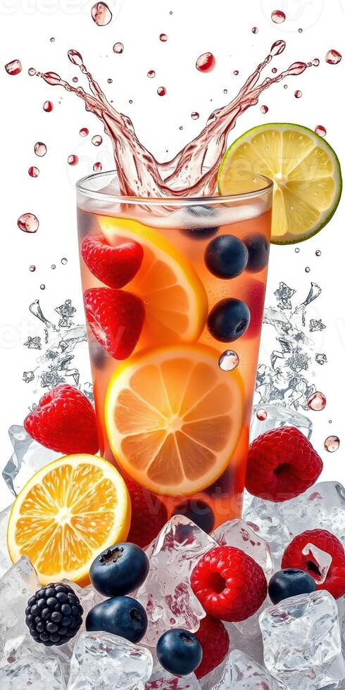 Refreshing summer beverage with fresh fruits and ice in a stylish glass photo