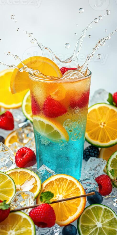 Refreshing summer drink with vibrant citrus and berries surrounded by ice photo