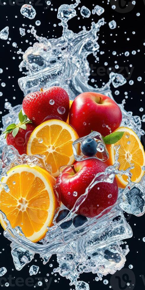 Fresh fruits splash into cool water creating a vibrant display of apples, oranges, and blueberries photo