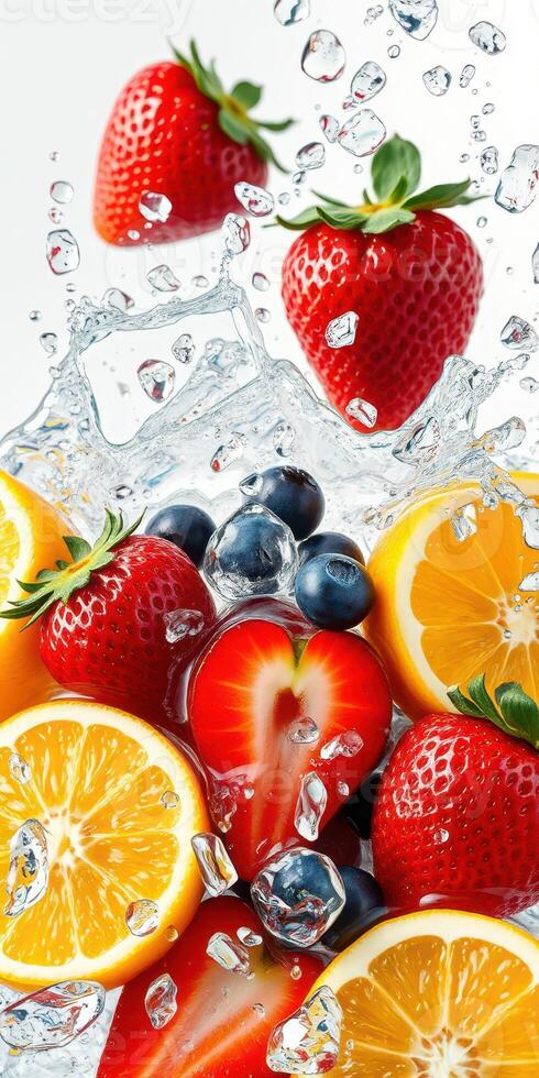 Fresh fruits splashing in water create a vibrant and refreshing display during a bright summer day photo