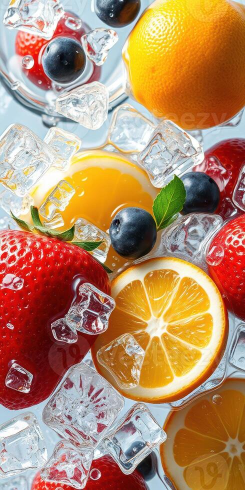 Fresh fruits and ice cubes create a vibrant summer refreshment ready for enjoyment photo