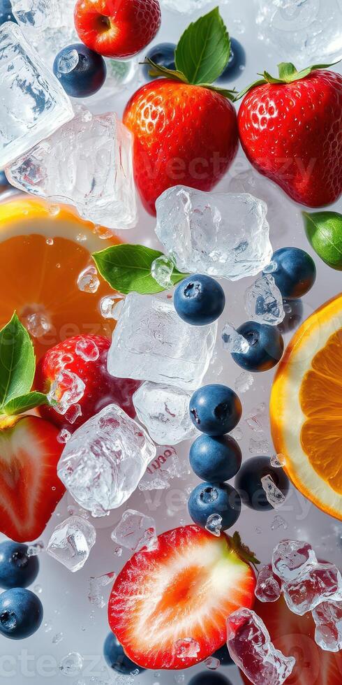 Fresh fruit and ice cubes create a vibrant composition for summer refreshments photo