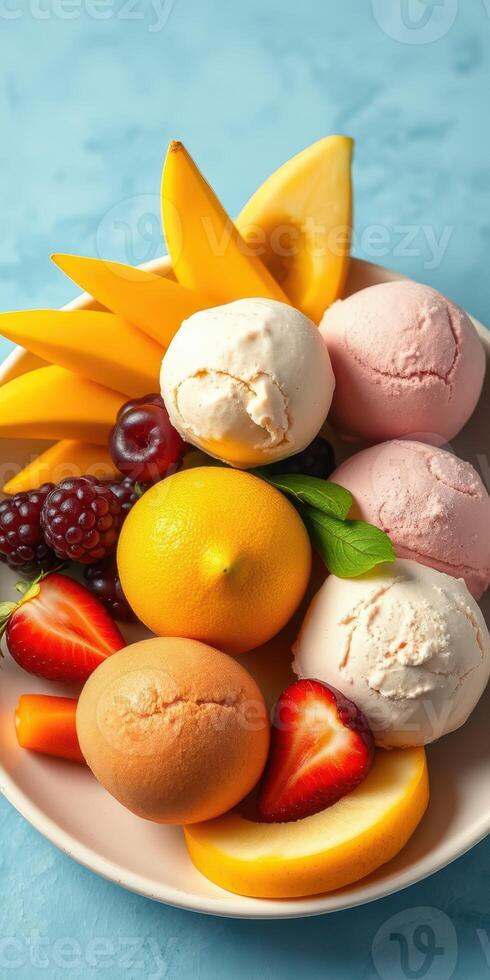 Colorful dessert plate featuring ice cream and fresh fruits on a blue background during a sunny afternoon photo