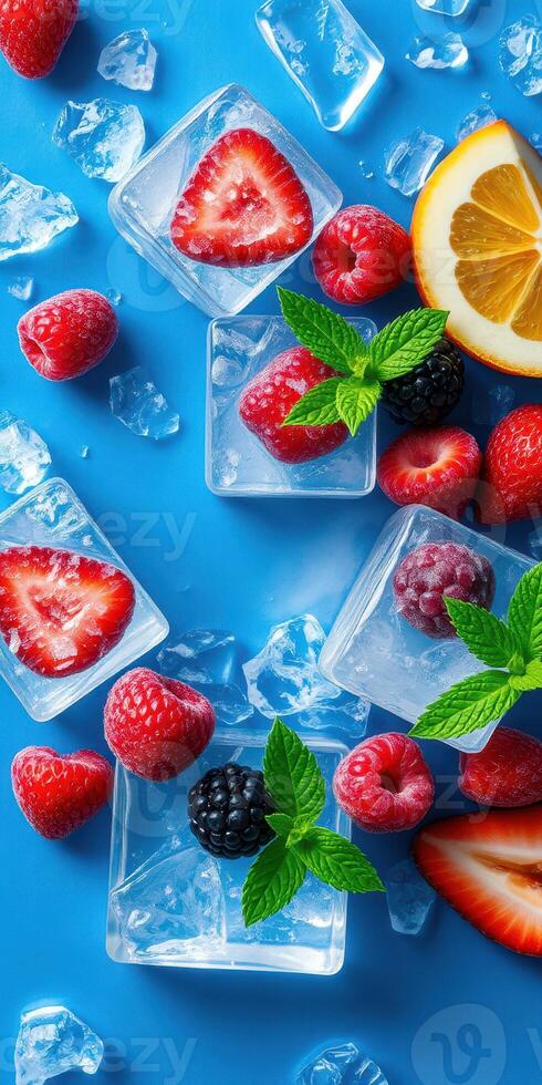 Colorful fruit and ice arrangement showcases summer refreshment on blue background with fresh berries and citrus slices photo