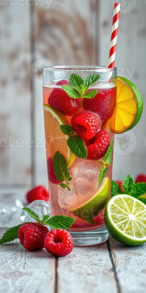 Refreshing raspberry lime beverage garnished with mint leaves on wooden table photo