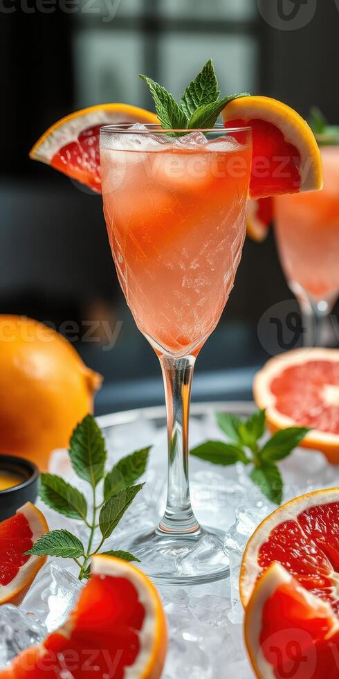 Refreshing grapefruit cocktail served in a crystal glass with mint and citrus garnishes photo