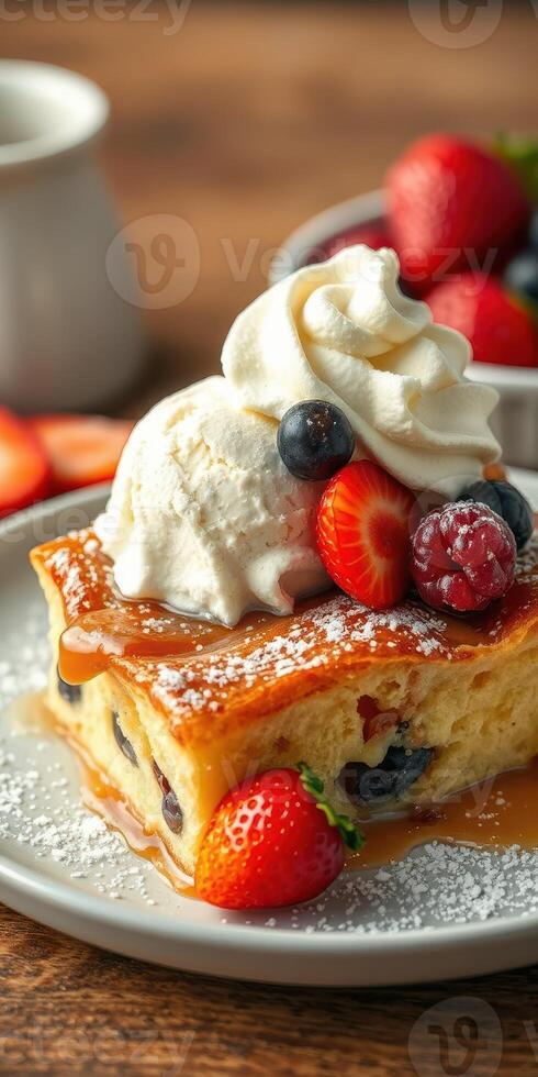 Delicious dessert featuring fluffy pancake with berries and ice cream served on a wooden table photo