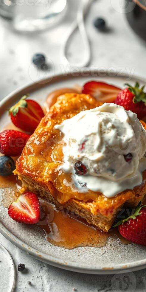 Delicious dessert with warm bread pudding topped with ice cream and fresh berries on a dining table photo