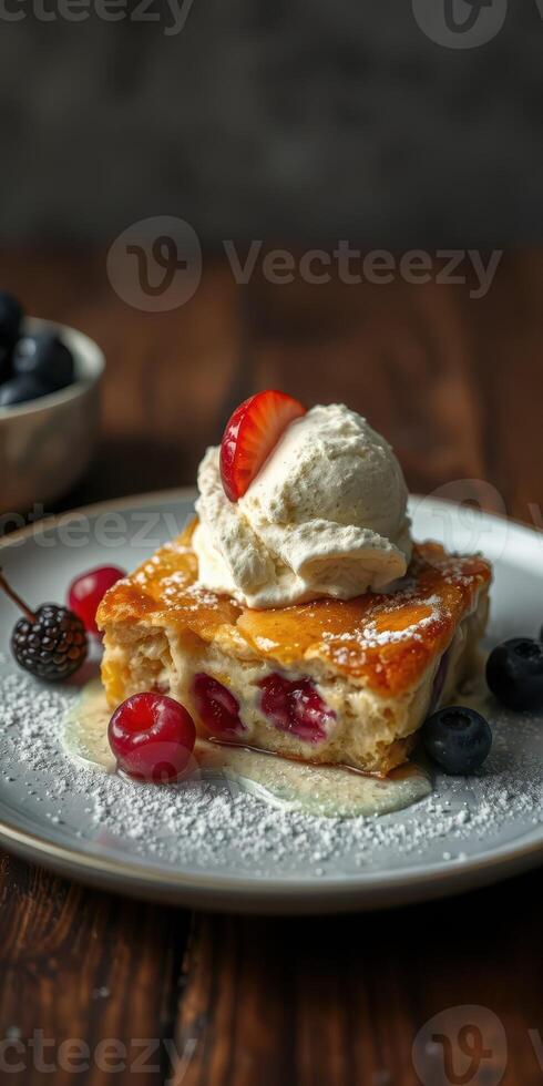 Delicious dessert features cherry and blueberry cake topped with creamy whipped cream in rustic setting photo