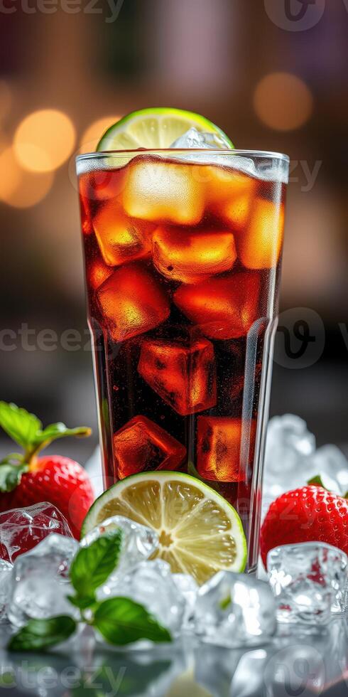 Refreshing iced drink with lime and strawberries on crushed ice ready for summer enjoyment photo