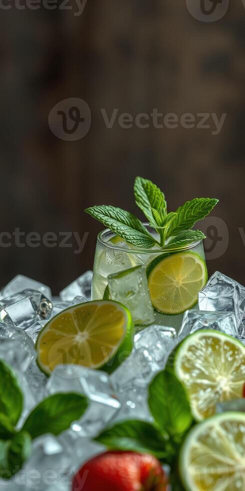 Refreshing cocktail served with fresh mint and lime over crushed ice in a stylish setting photo