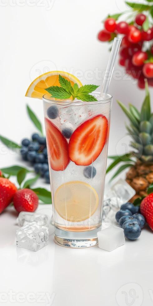 Refreshing fruit-infused drink with vibrant berries and citrus served with ice photo