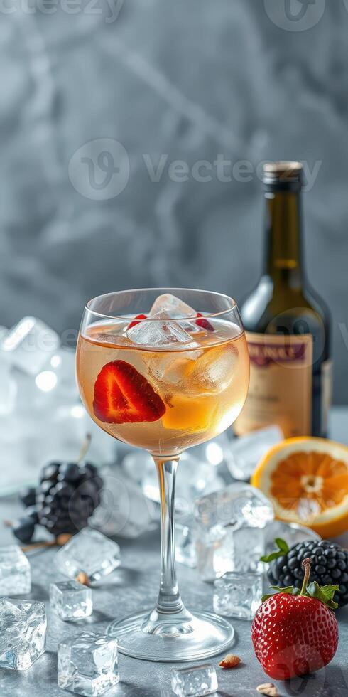 Refreshing summer cocktail served in an elegant glass with strawberries and blackberries on ice photo