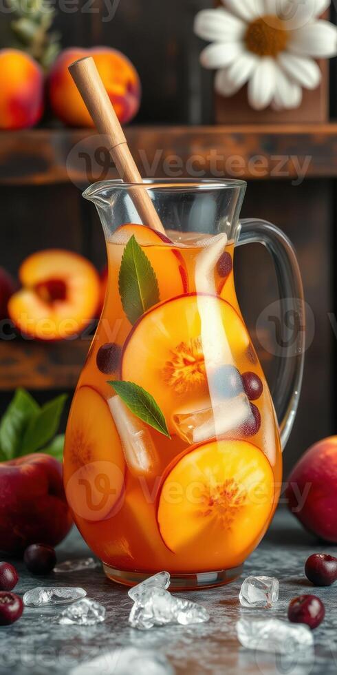 Refreshing fruit punch with peaches and cherries served in a glass pitcher photo