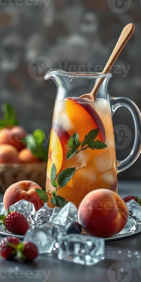 Refreshing fruit beverage with peaches and mint featuring ice and strawberries in a beautiful arrangement photo