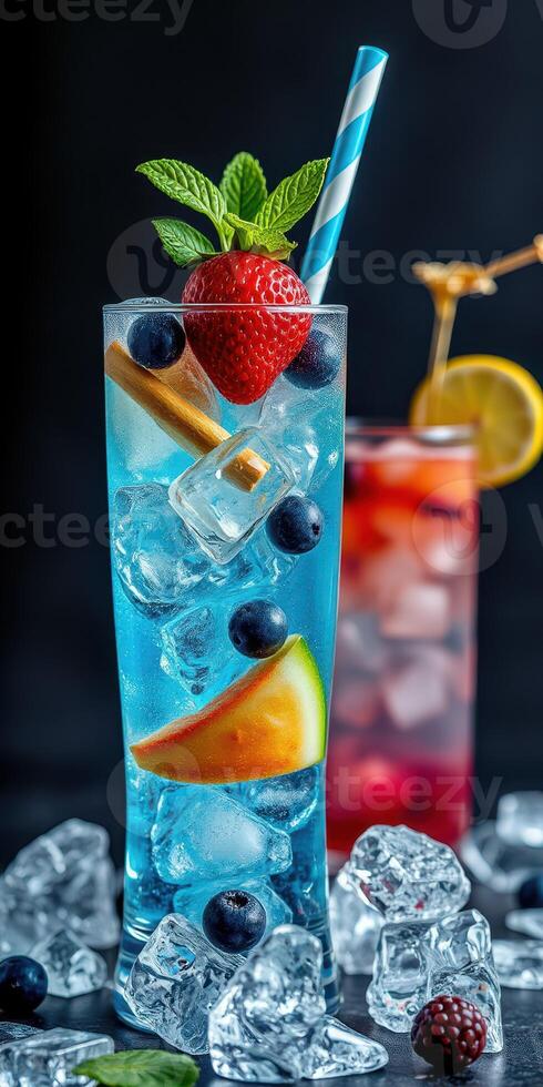 Refreshing summer cocktails with fresh fruits and ice in vibrant colors photo