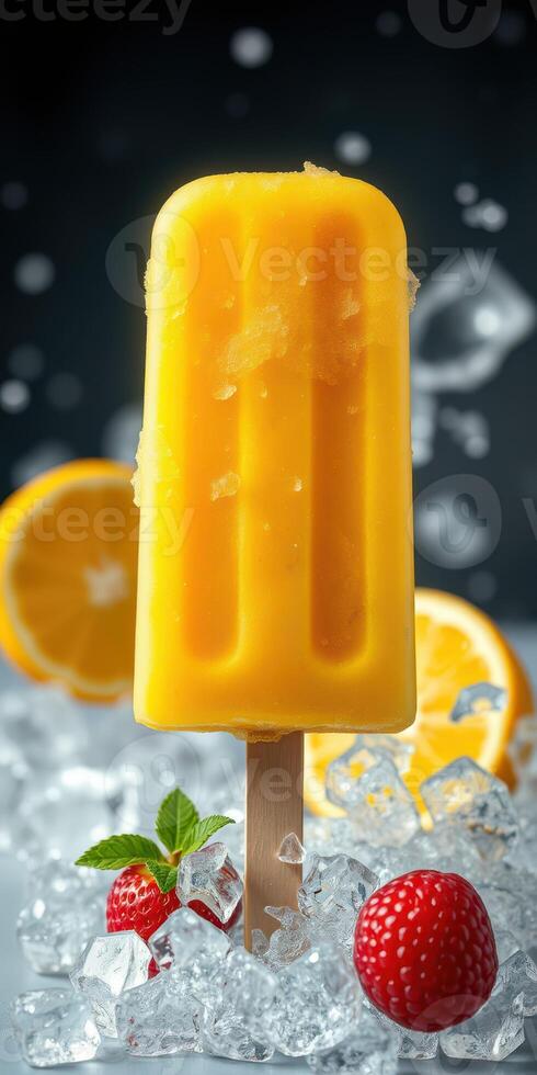 Bright yellow popsicle surrounded by fresh fruits and ice cubes creates a refreshing summer treat display photo