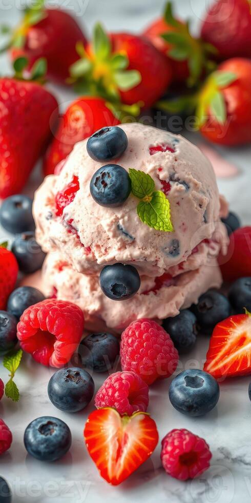 Delicious berry ice cream topped with fresh strawberries, raspberries, and blueberries served on a marble counter photo